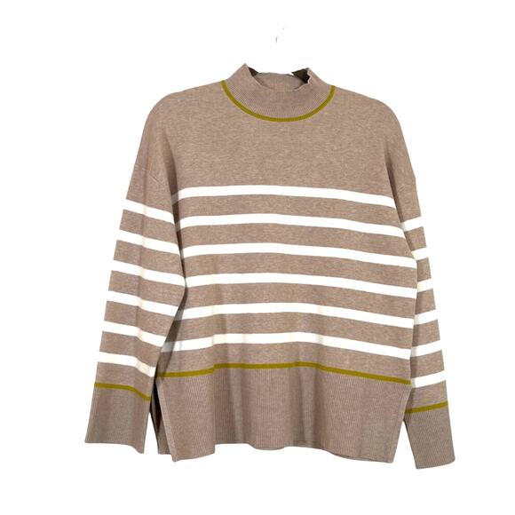Tahari Womens Mock Neck Striped Sweater Brown White Size Large Preppy Soft NWT - Picture 1 of 7